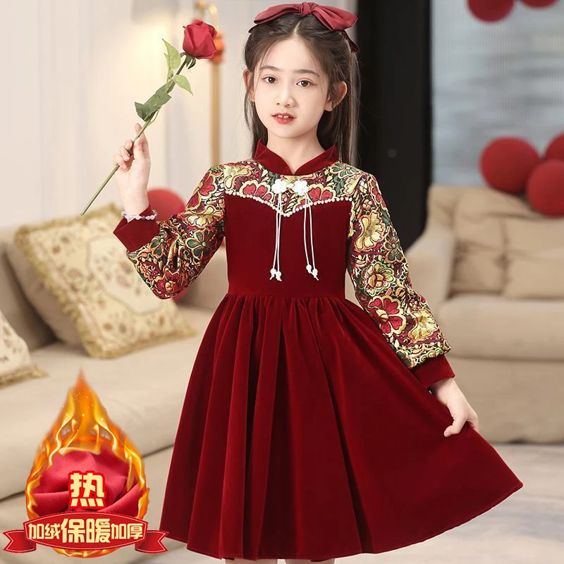 女童连衣裙新年加绒高端新中式过年儿童旗袍公主裙新年衣服拜年服
