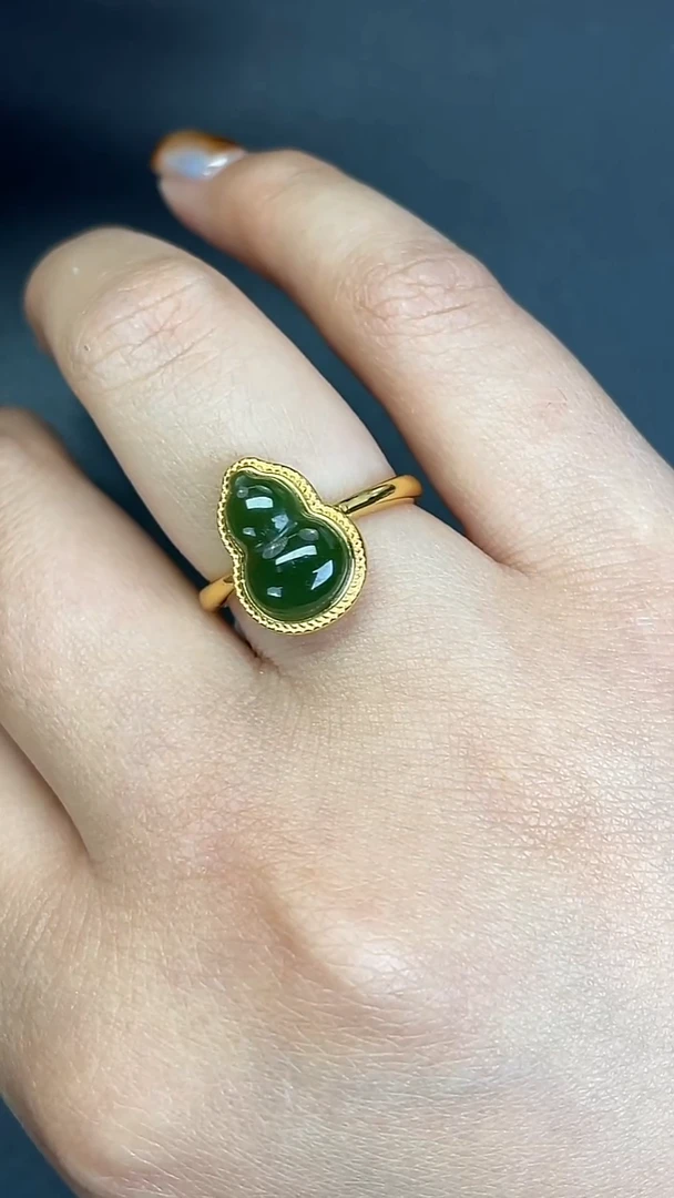 银S925镶嵌戒指和田玉707282#和田玉碧玉葫芦款开口戒多人