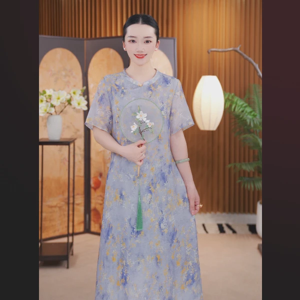 （繁花星辰）新中式国风真丝连衣裙妈妈装桑蚕丝连衣裙