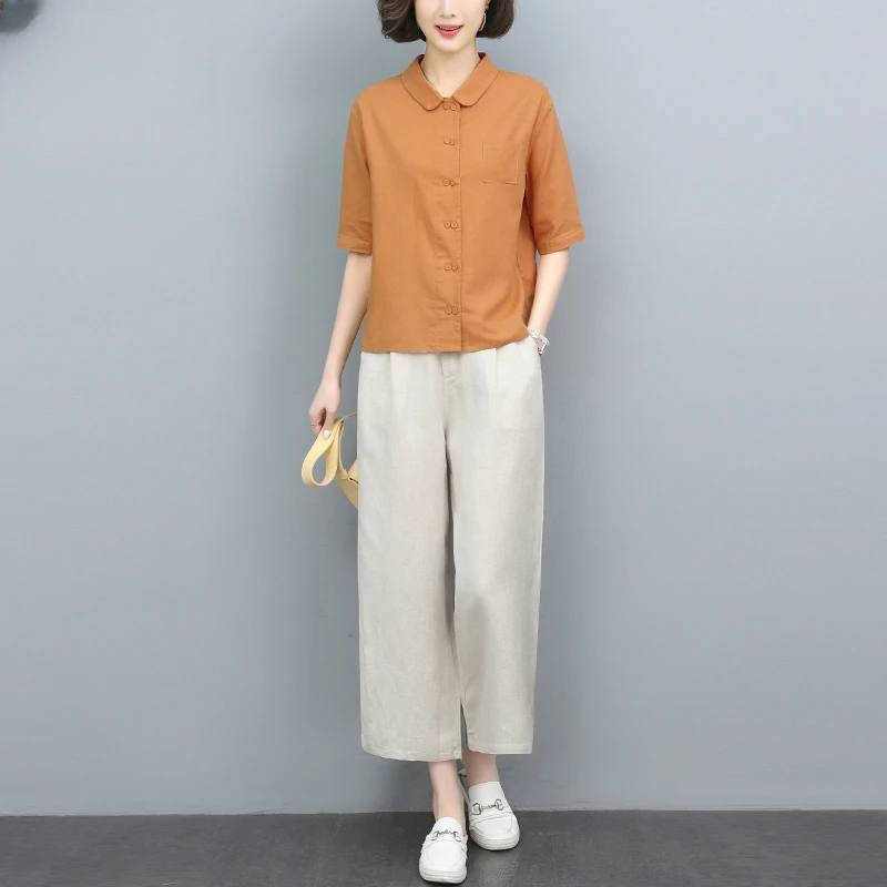棉麻套装女2025年新款夏装搭配一整套中年妈妈阔腿裤装亚麻两件套