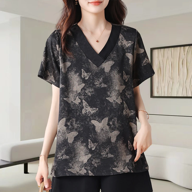 新中式V领蝴蝶印花短袖t恤女士2025夏季新款时尚宽松休闲显瘦上衣