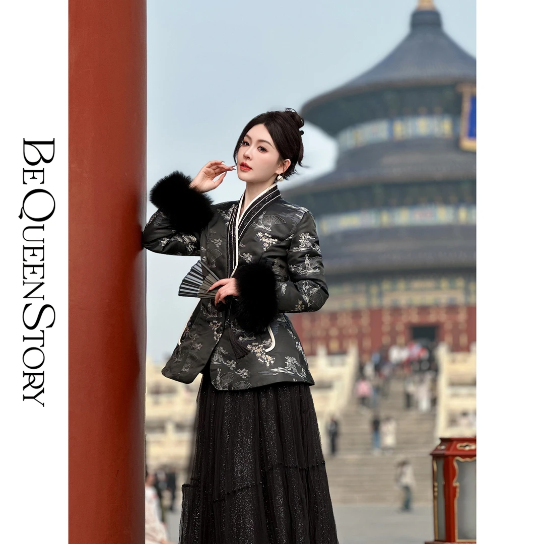 余潇潇【京华烟云】新中式提花重工黑色修身羽绒服
