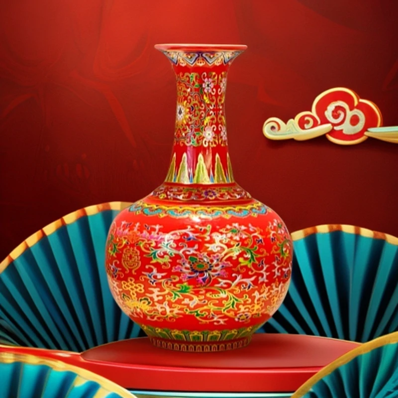 瓷遇缘人/走进千家万户/红色珐琅掐丝福寿连绵瓶/阿里萨汗/摆件