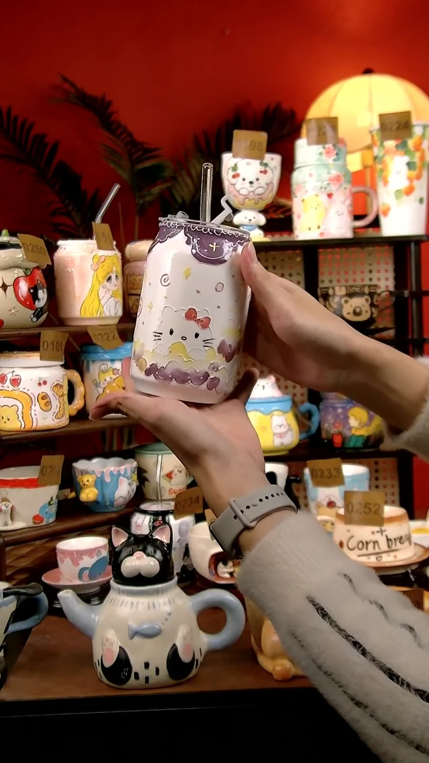 杯子瓷DIY景德镇创意陶瓷手工手绘卡通风猫猫吸管杯