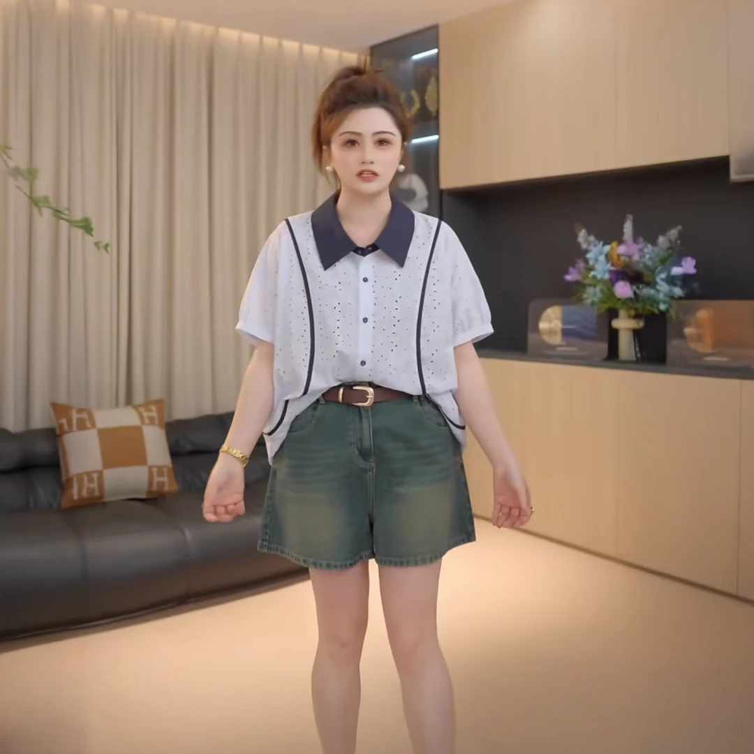 胖佳大码女装撞色镂空短袖衬衫女夏新款胖mm减龄遮肚显瘦百搭衬衣