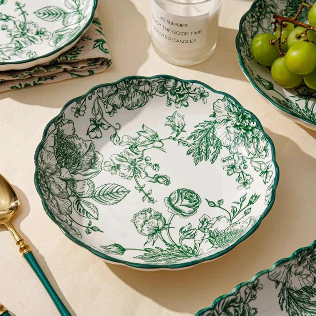 【2个装】8英寸玫瑰皇后釉下彩陶瓷盘子餐具套装家用菜盘高颜值绿色
