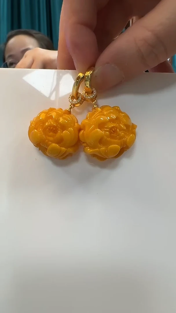 银S925镶嵌蜜蜡耳饰蜜蜡牡丹花耳坠