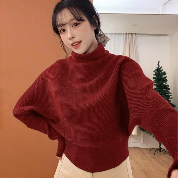 2025冬季新款设计感小众半高领堆堆领套头毛衣女蝙蝠袖内搭针织衫