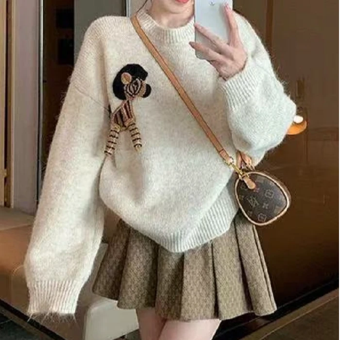 【刺绣小马】卡通小马套头毛衣女秋冬季复古宽松针织衫上衣.D1913