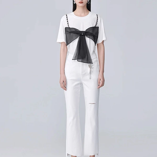 F2000-【芭】蝴蝶结吊带圆领假两件短袖T恤#RKF56X015