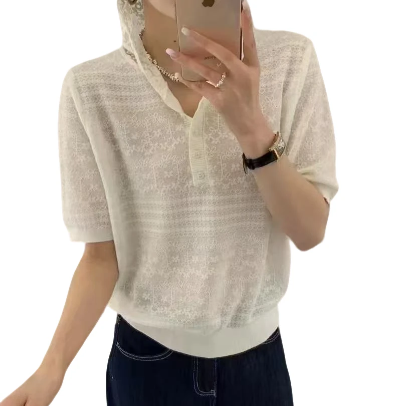 女装春装上衣连帽羊毛针织衫短袖t恤女宽松显瘦蕾丝钩花韩系上衣
