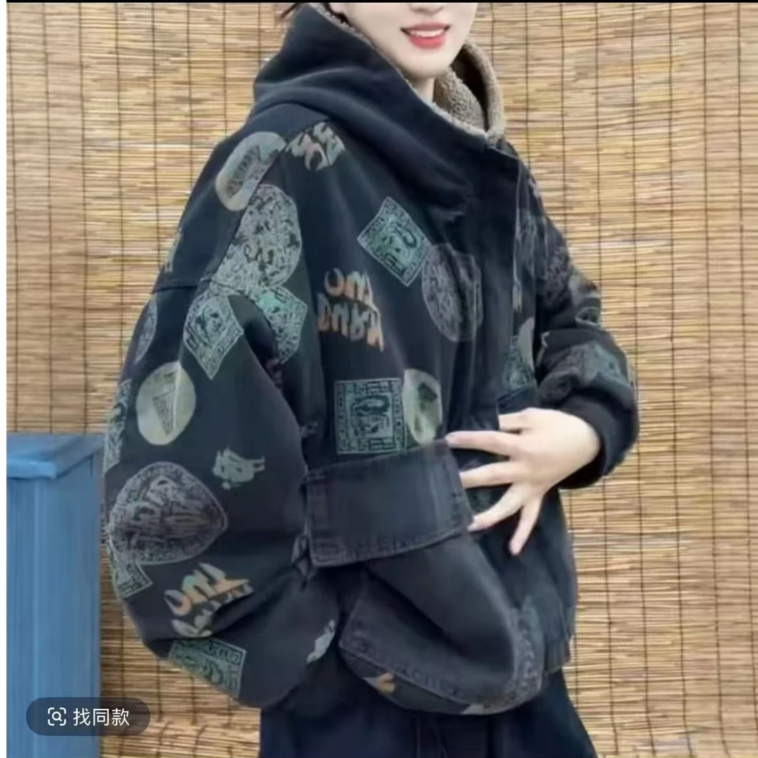秋冬季新款休闲带帽外套牛仔炒色棉服外套冬季加厚宽松两面穿