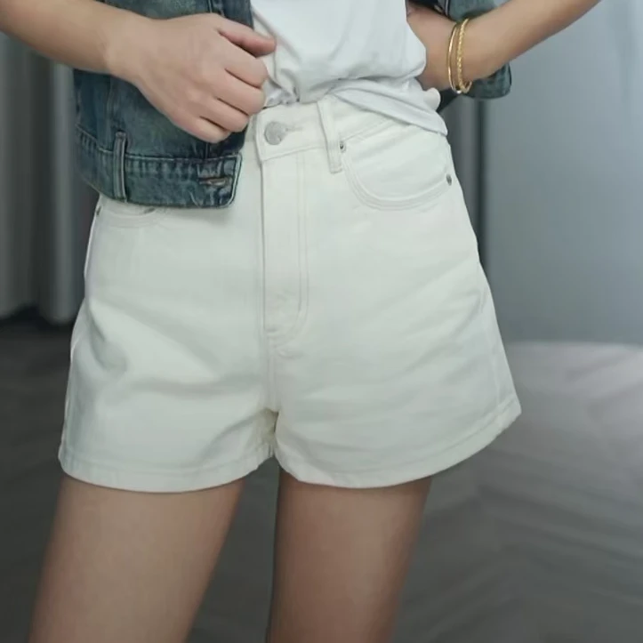 【裤长35-39】纯棉无弹力米白牛仔短裤1339