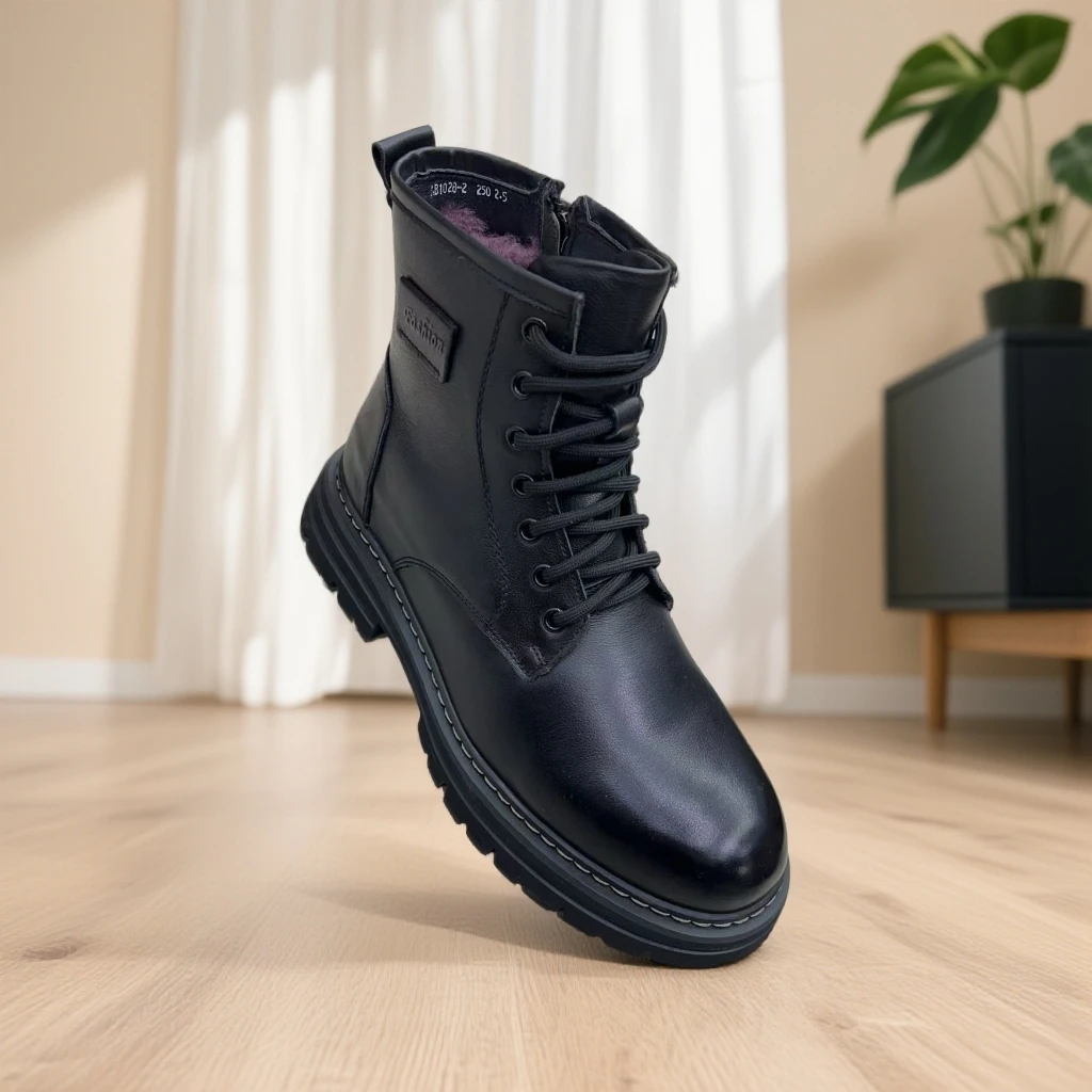 长靴男款休闲鞋靴子素面增高黑色加绒保暖马丁靴时尚百搭系带冬季