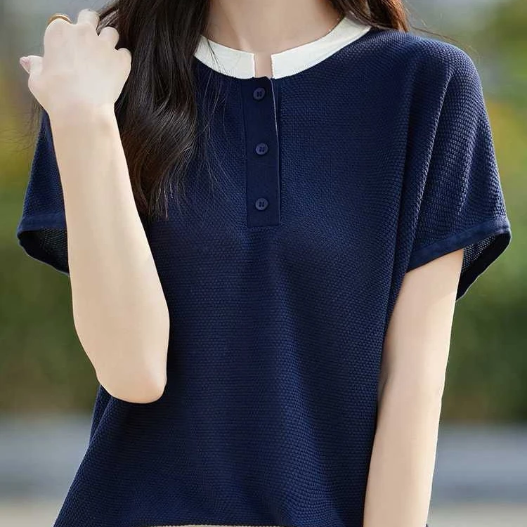 哥弟阿玛施正夏季新款圆领拼色桂花针织短袖T恤宽松休闲百搭上衣