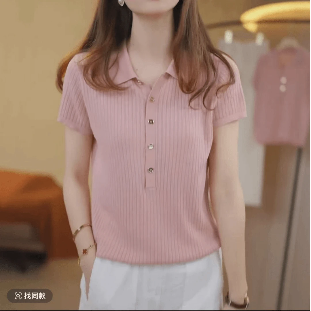 【半开方领】夏季2025薄款新款针织衫修身显瘦T恤百搭短袖上衣9205