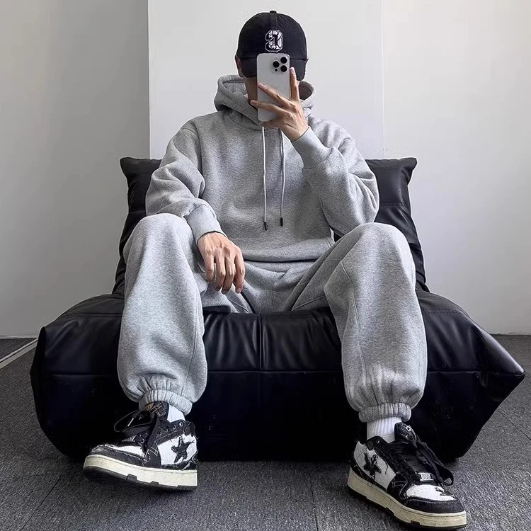 炸街痞帅运动套装男士春秋简约宽松加绒加厚情侣卫衣休闲两件套潮