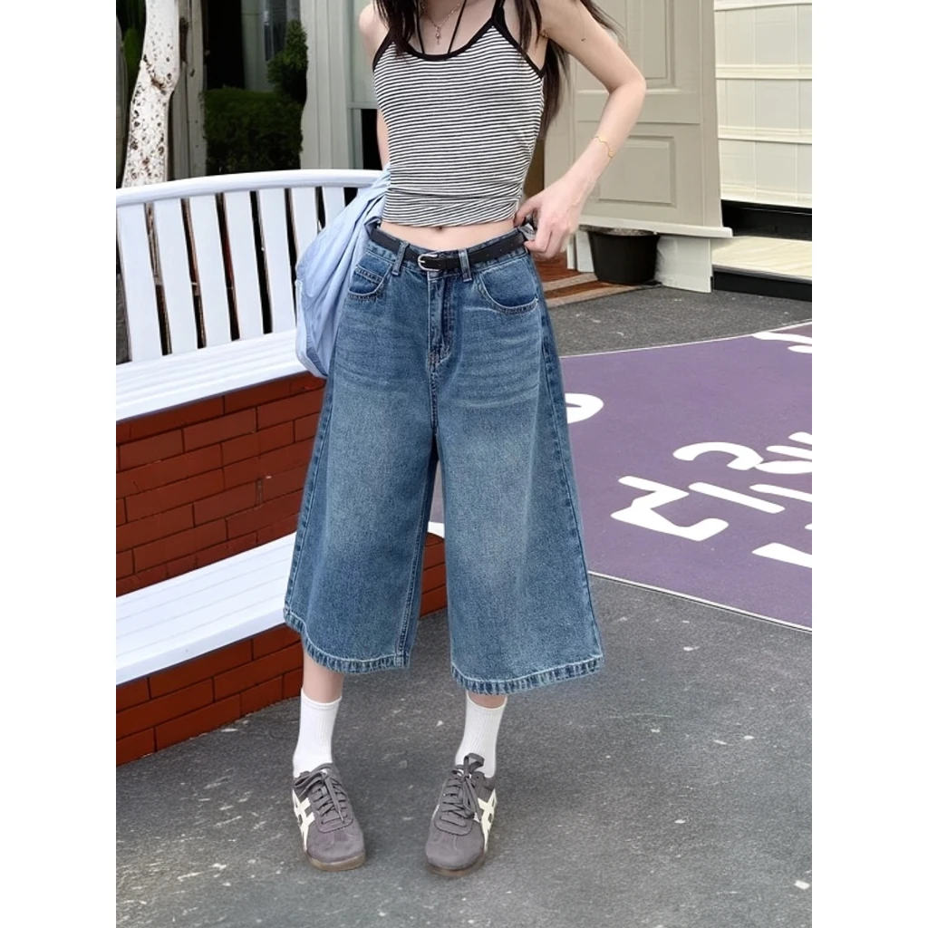 美式阔腿七分牛仔裤女2025年夏季新款7分裤显瘦直筒八分爆款裤子