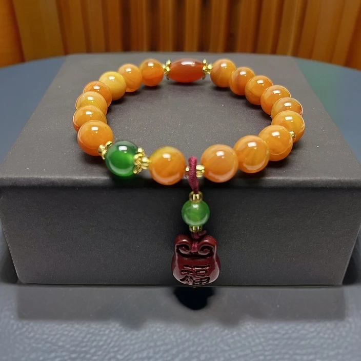 含辰砂工艺品新中式彩橘色朱砂福包红玛瑙手链S163