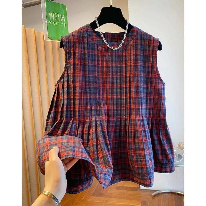 韩国东大门格子无袖上衣女夏2025新款宽松超好看背心衬衫娃娃衫