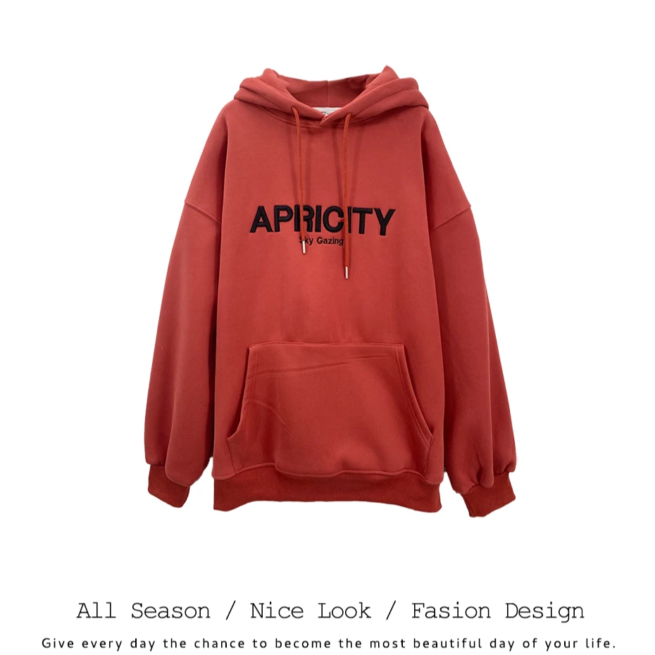 793   时尚韩版橙红色连帽慵懒风宽松百搭秋冬卫衣女   款号#6613