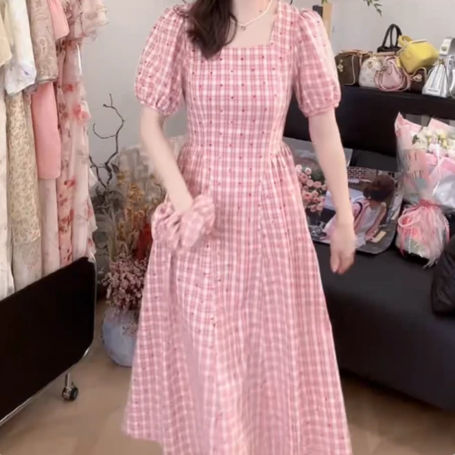 【浪漫满屋】甜妹必备夏日复古港风格纹方领元气可爱显白连衣裙