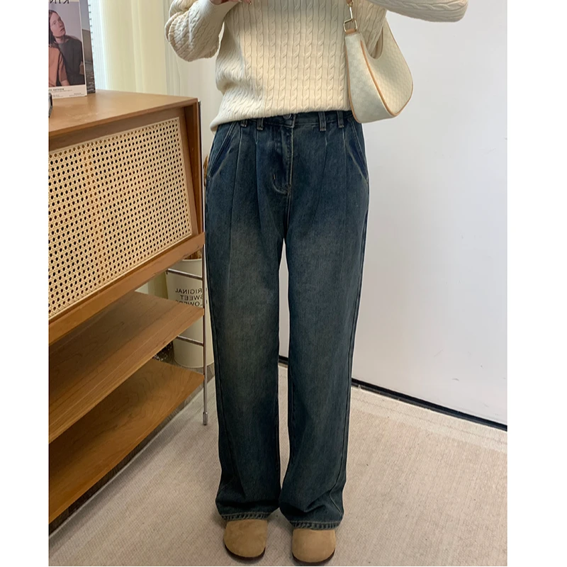 宝丫轻奢  T女式韩系复古口袋阴影植绒直筒拖地牛仔裤K696