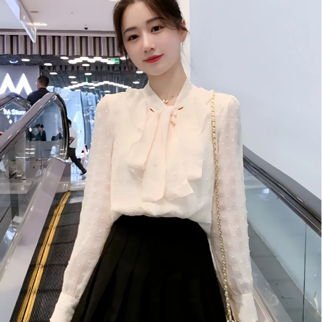 洋气法式小个子蝴蝶结衬衫2025春季新款女装修身百搭气质雪纺上衣
