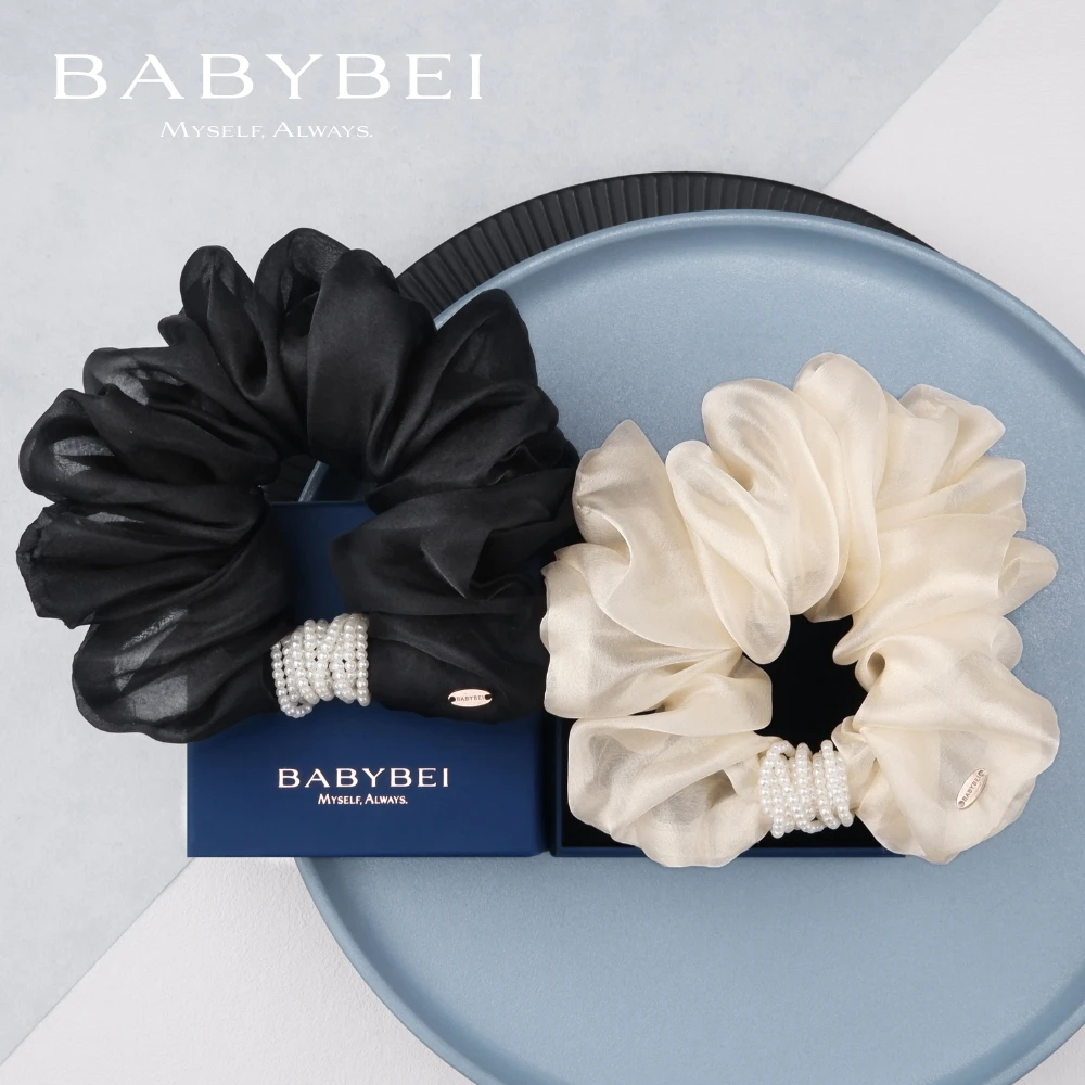 BABYBEI/初贝纱纱高亮珠大肠发圈气质优雅简约百搭高级感黑色米色