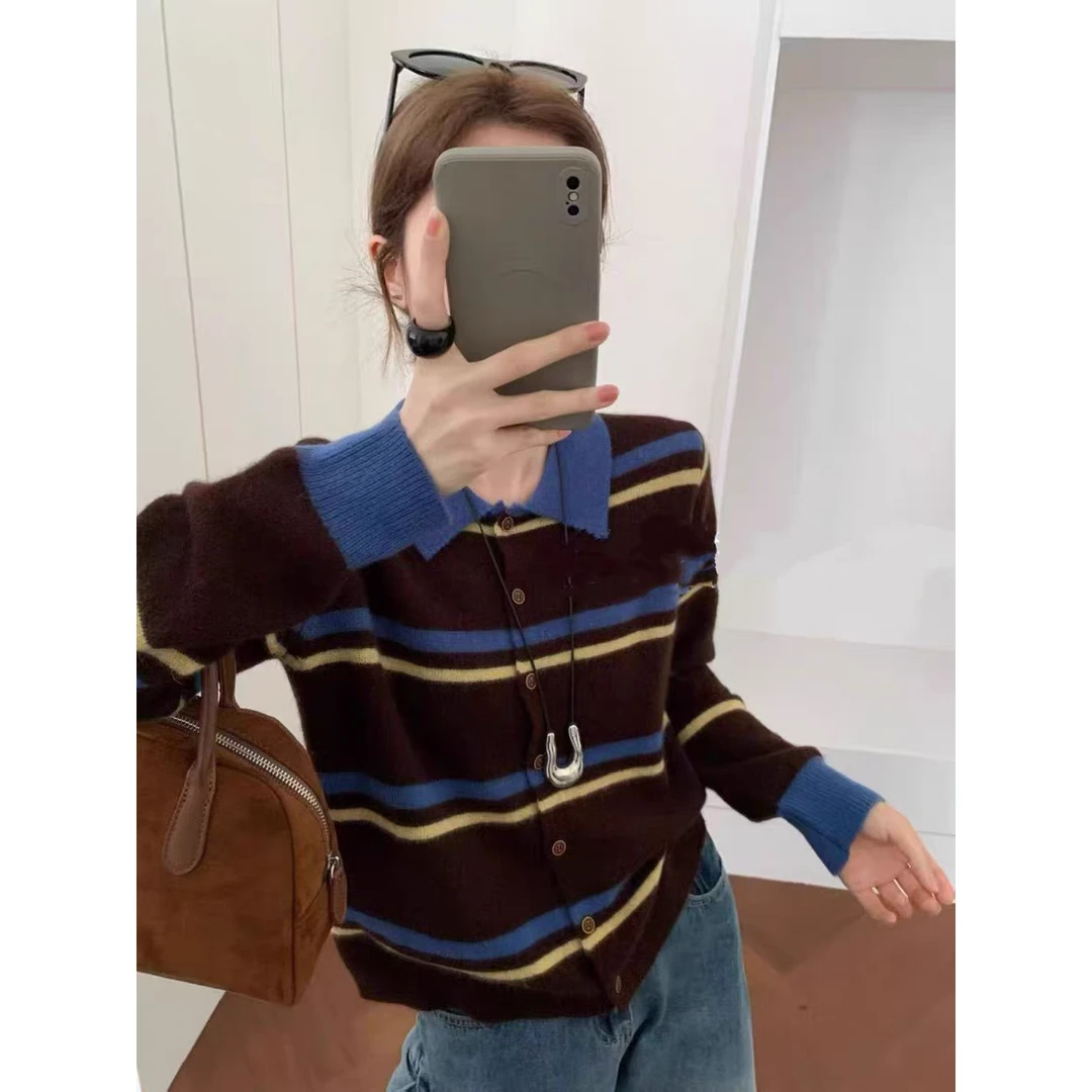 欧货2025早秋新款拼色条纹翻领长袖针织开衫上衣时尚洋气百搭软糯