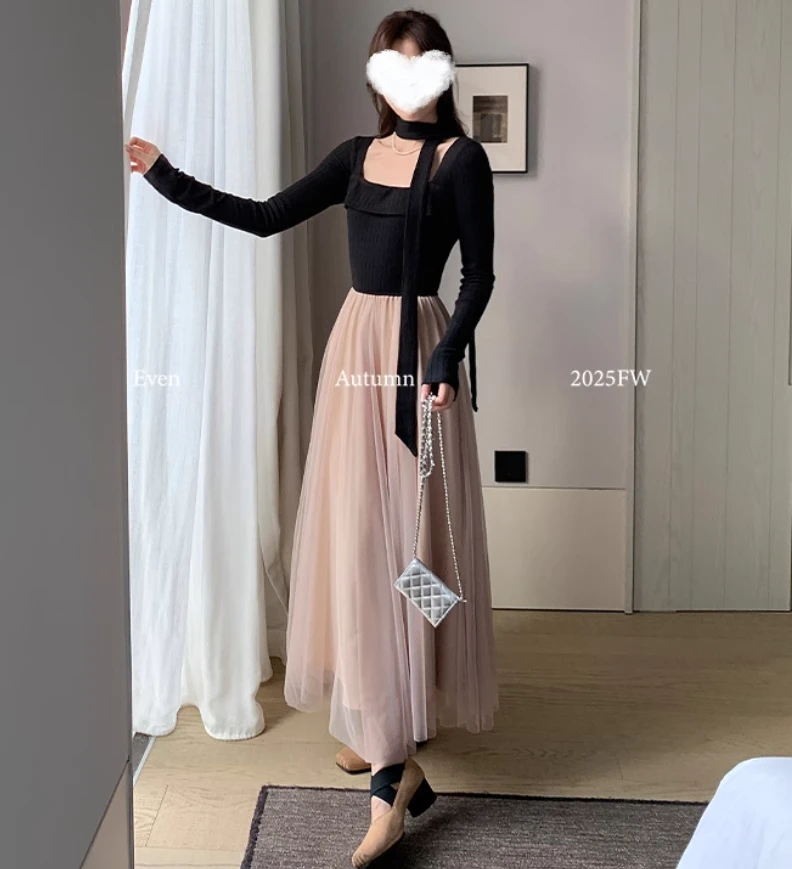 有运补6-8米 秋冬季新款法式长袖拼接连衣裙子富家千金掐腰长裙