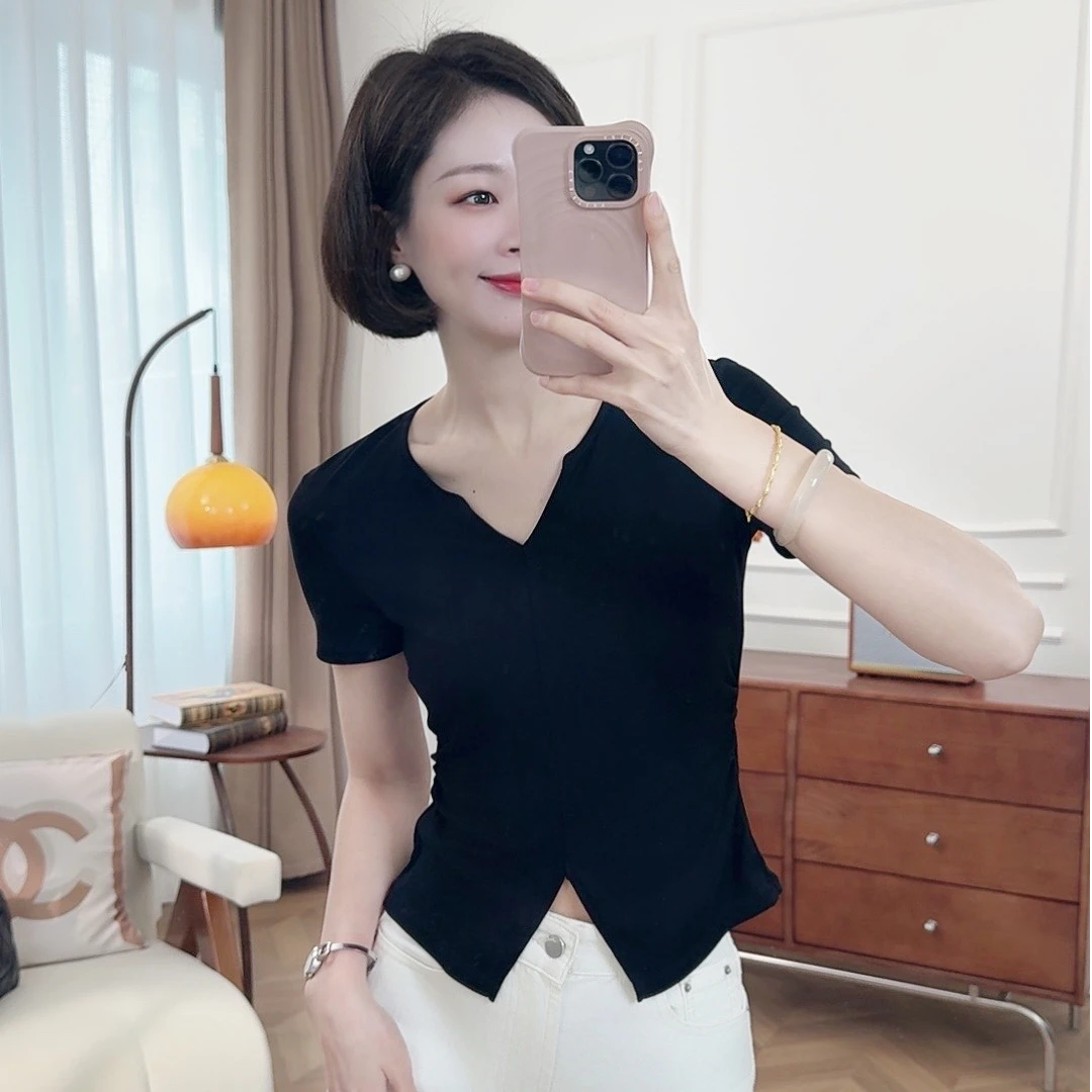 2025新款螺纹V领开叉收腰女装显瘦短袖T恤女小众百搭设计感时尚