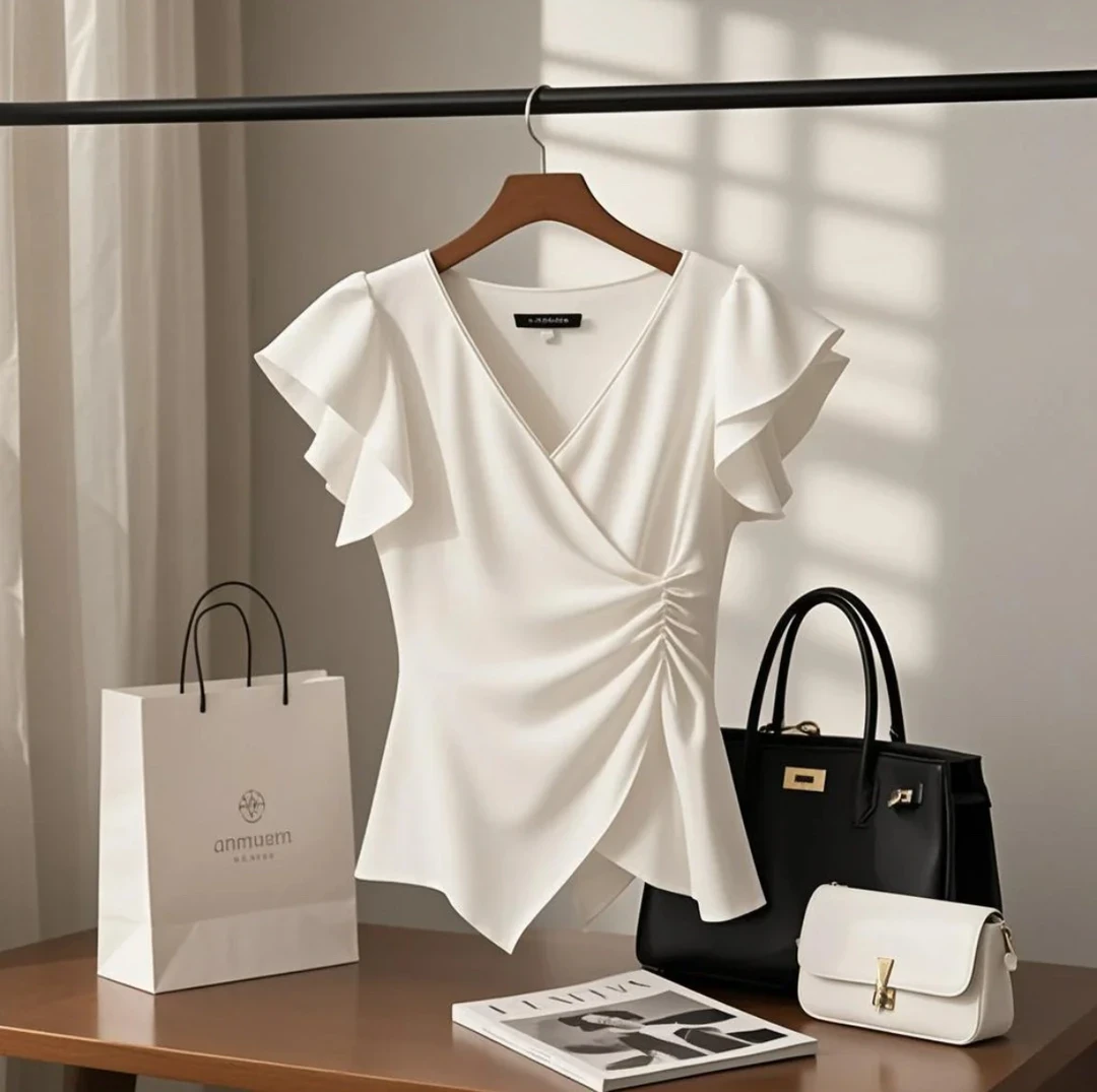 白色V领荷叶边短袖衬衫女款2025夏季新款设计感小众修身显瘦上衣