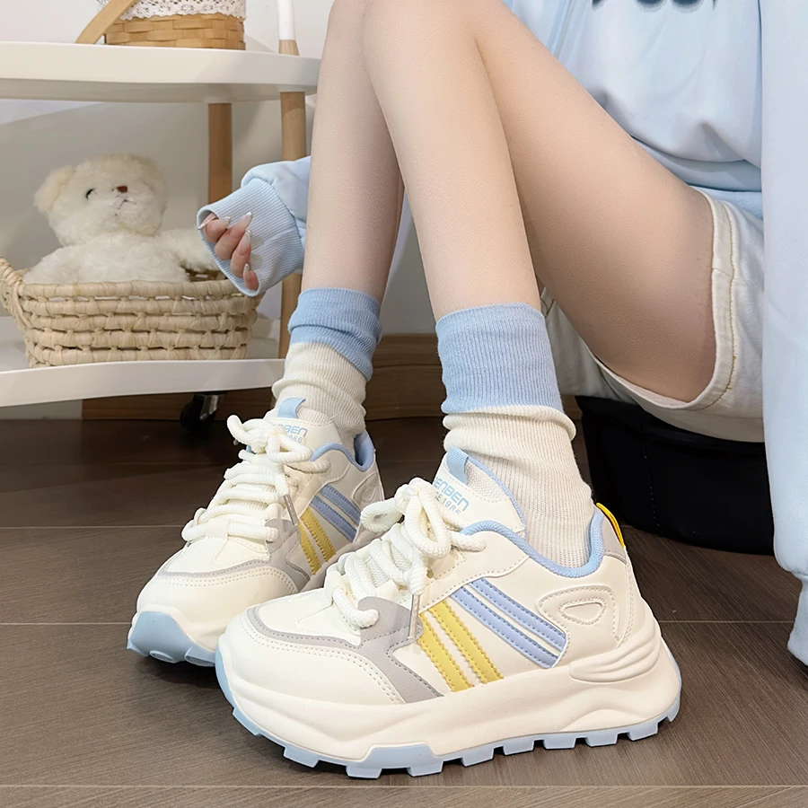 人本情侣运动鞋2025新款皮面厚底增高老爹鞋学生百搭韩版休闲鞋子