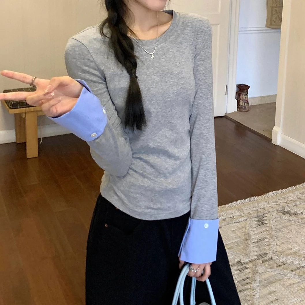 小众拼接袖上衣百搭显瘦撞色打底·25140
