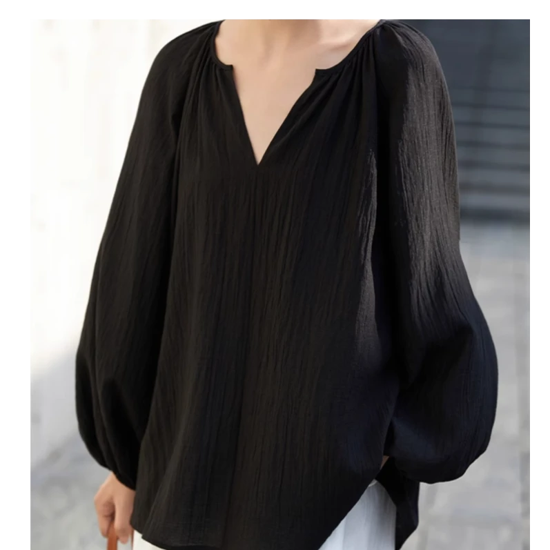 褶皱设计感百搭时尚感灯笼袖衬衫遮肚长袖显瘦休闲设计感上衣气质