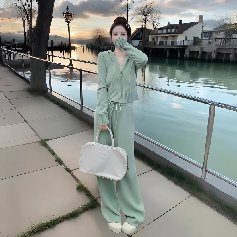 韩系高级感休闲运动套装女2026春秋时尚连帽毛衣外套长裤两件套潮