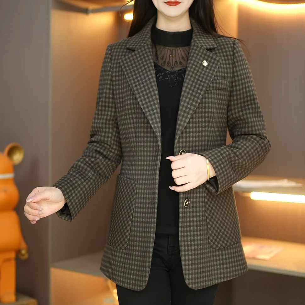 中年妈妈格子外套女2025年春装干练洋气大码西服上衣