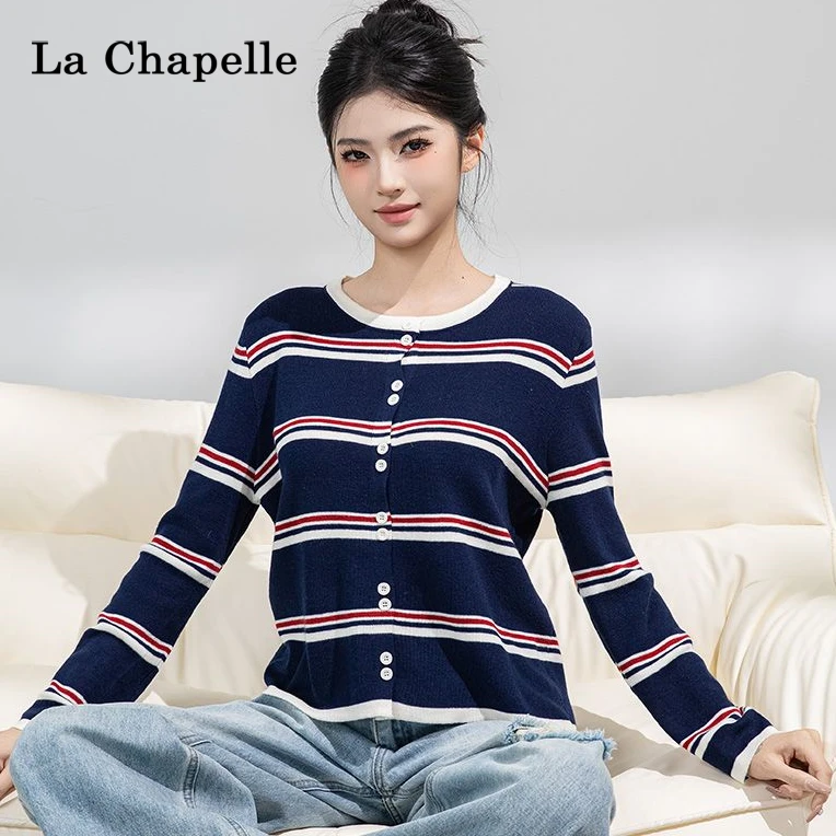 拉夏贝尔条纹针织开衫圆领毛针织衫可爱风秋季新款针织衫长袖衫