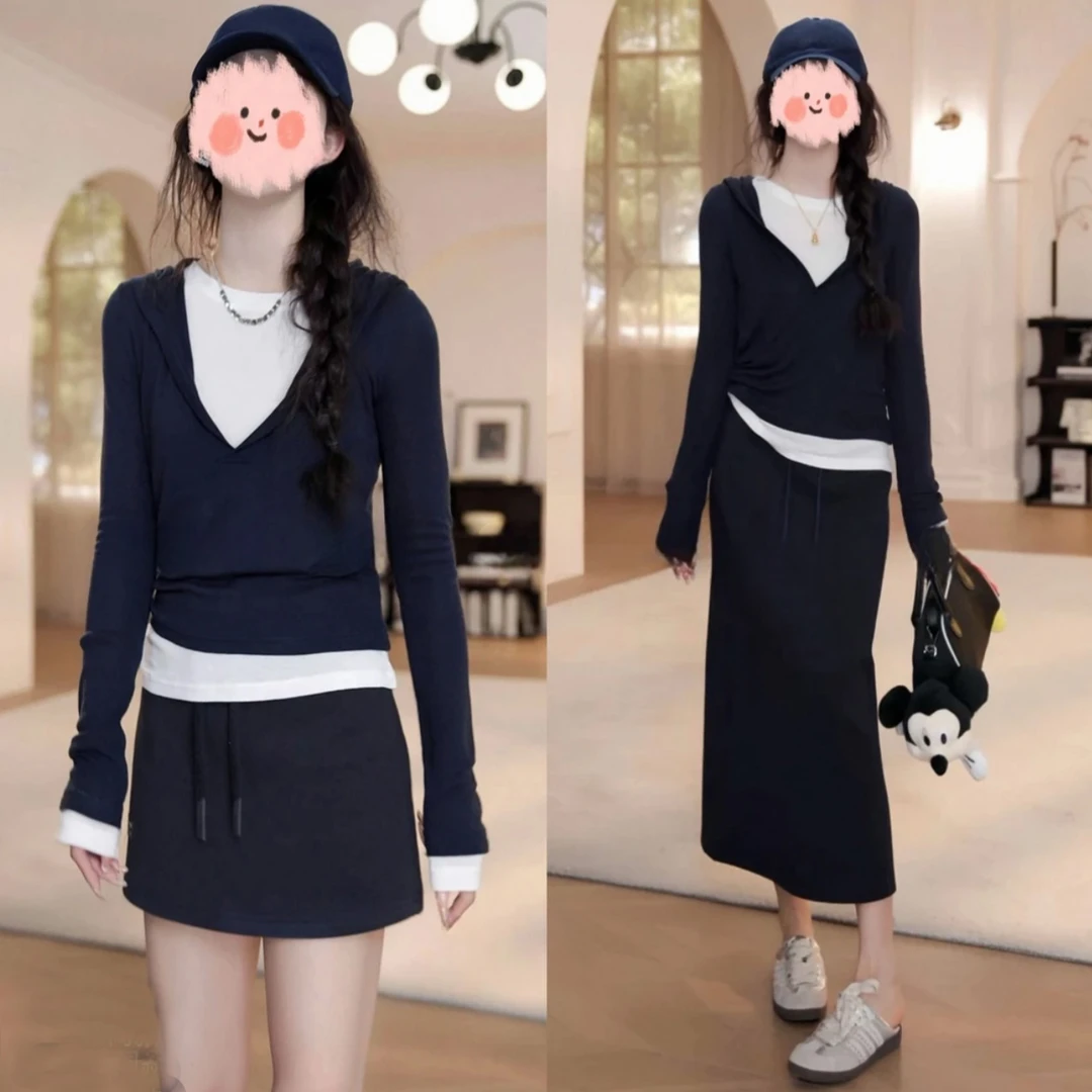 夏装搭配一整套时尚帽衫长袖上衣运动半身裙两件套装夏季新款女装