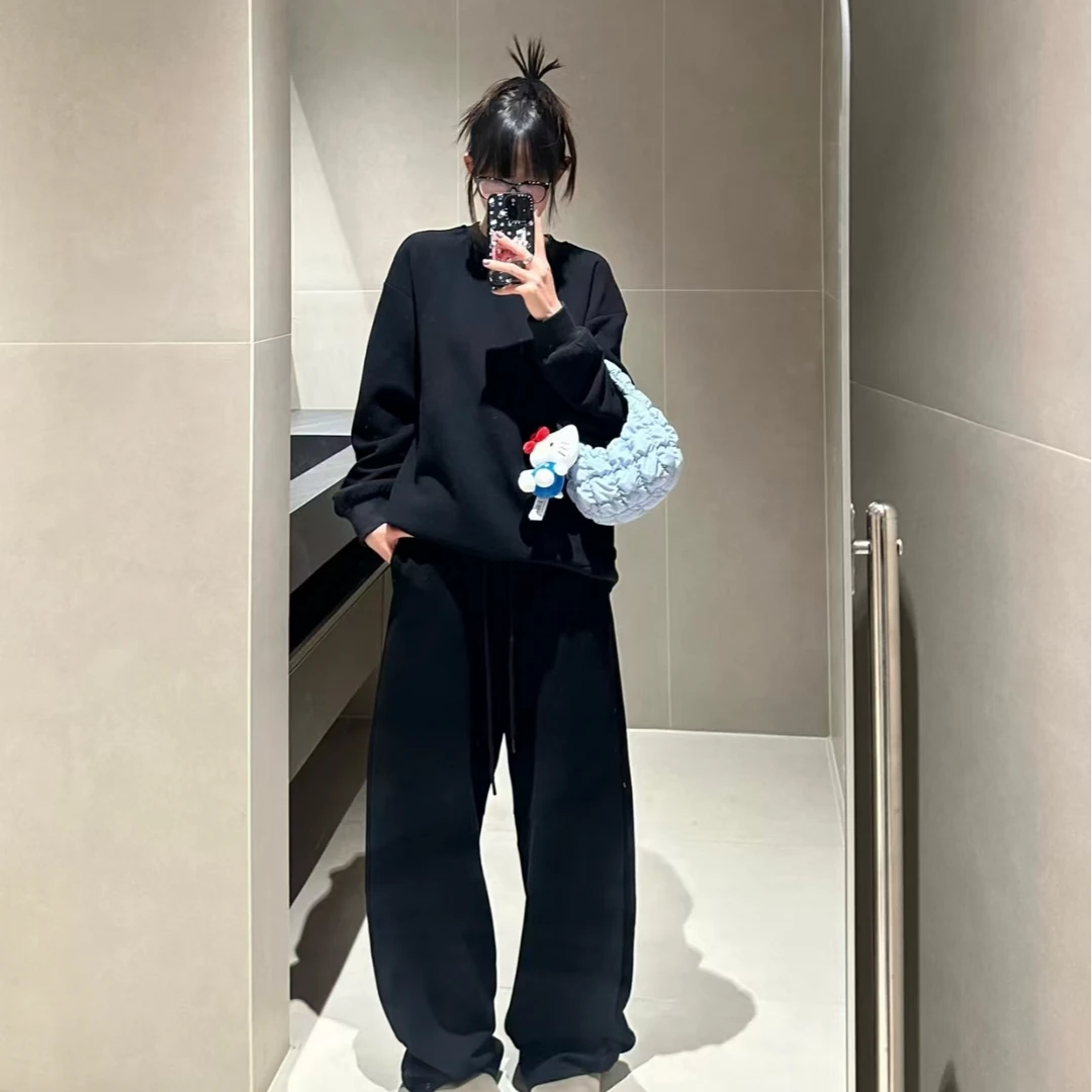 350g重磅美式复古情侣黑色显瘦卫衣秋冬纯色宽松圆领休闲打底长袖