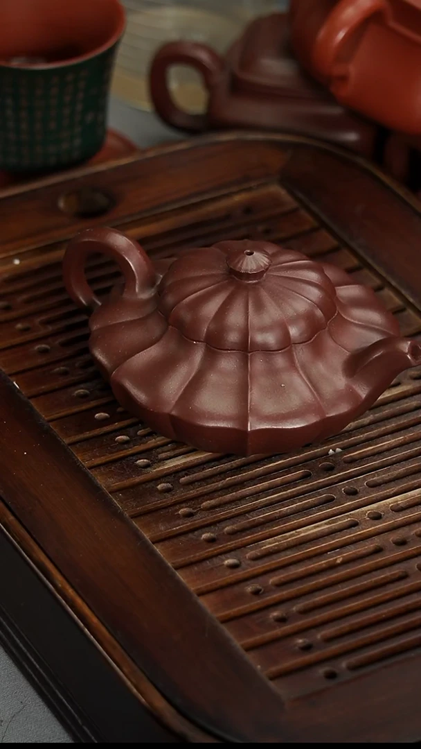 茶壶紫砂宜兴紫砂紫泥筋纹合欢200毫升