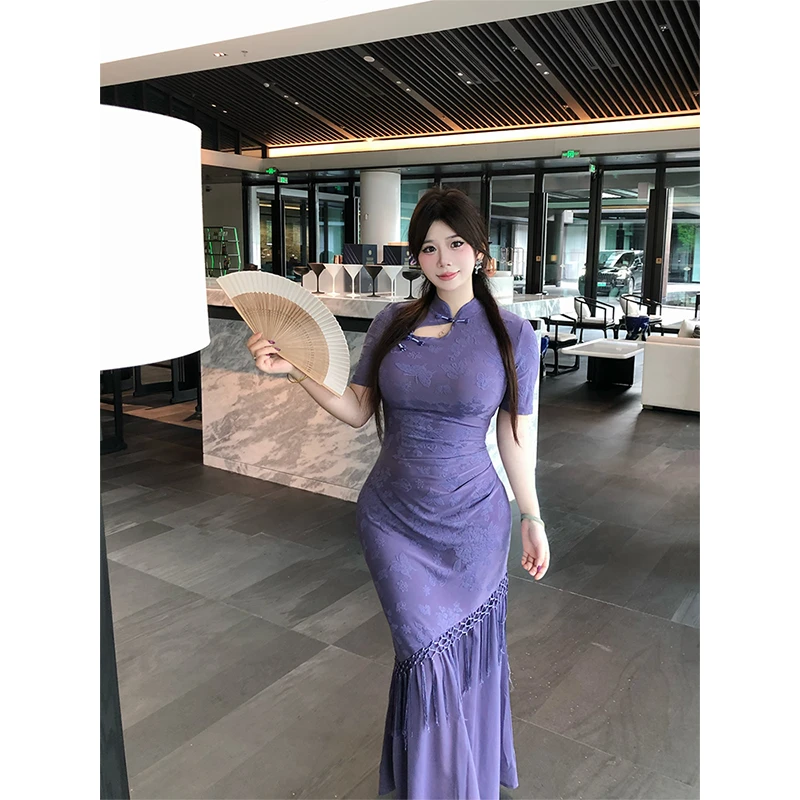 Bbabes【紫烟蕊梦】新中式国风气质微胖显瘦流苏轻奢洋装旗袍