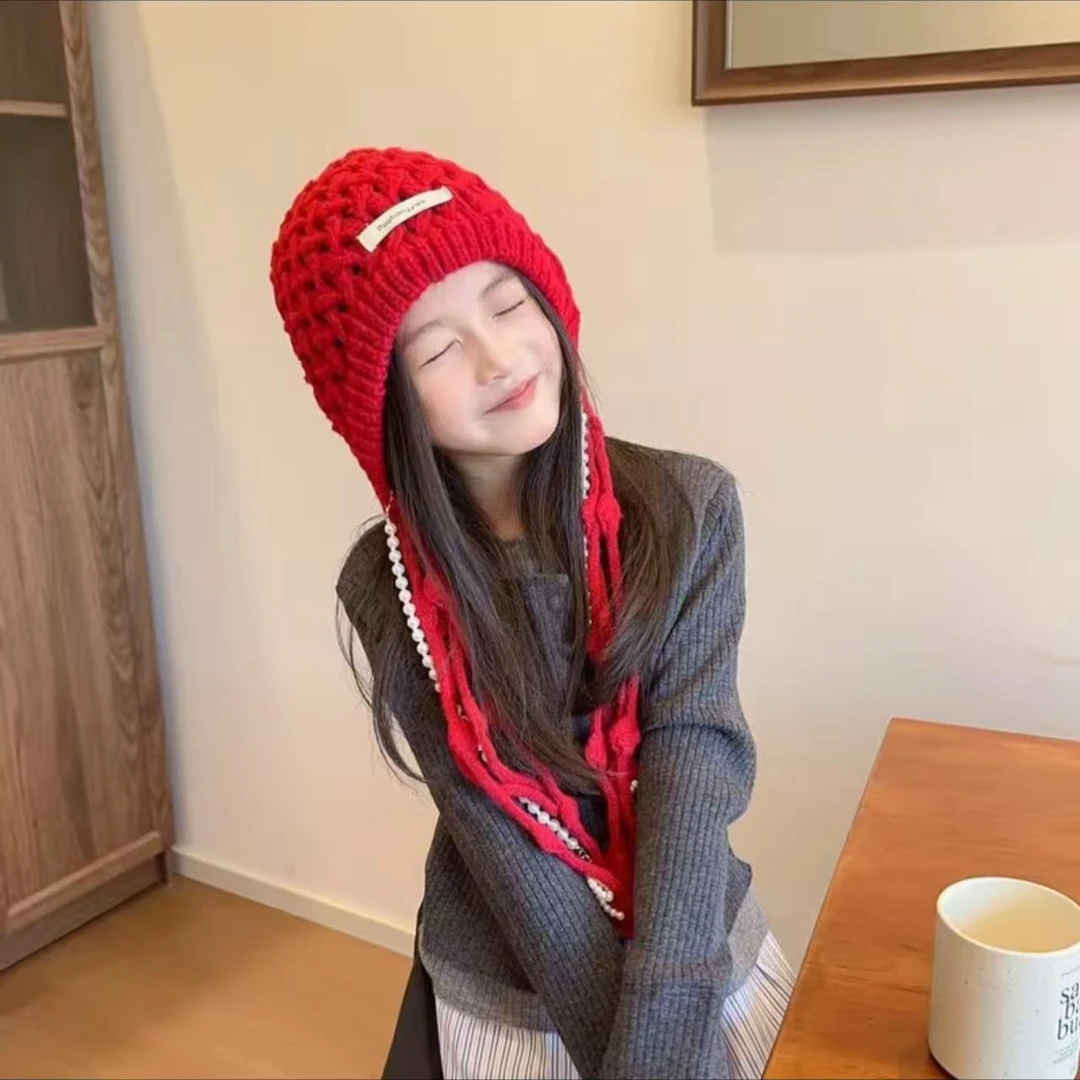 AR2025新款春秋钩花套头帽镂空针织帽儿童帽子族风流苏包头帽女童
