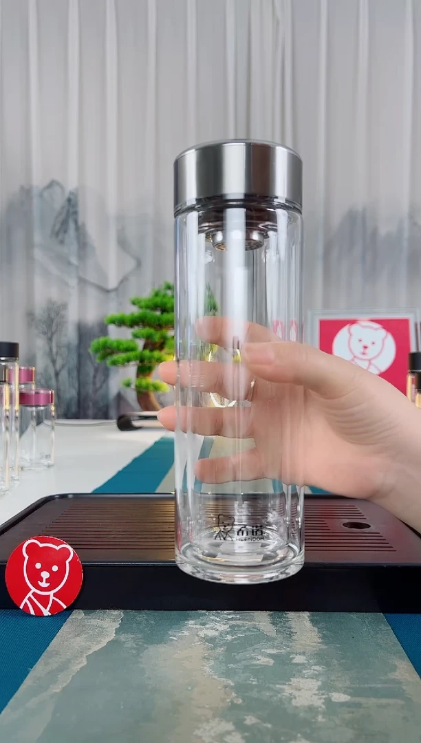 高硼硅玻璃茶隔款希诺双层410毫升大容量 礼盒7099本色杯盖