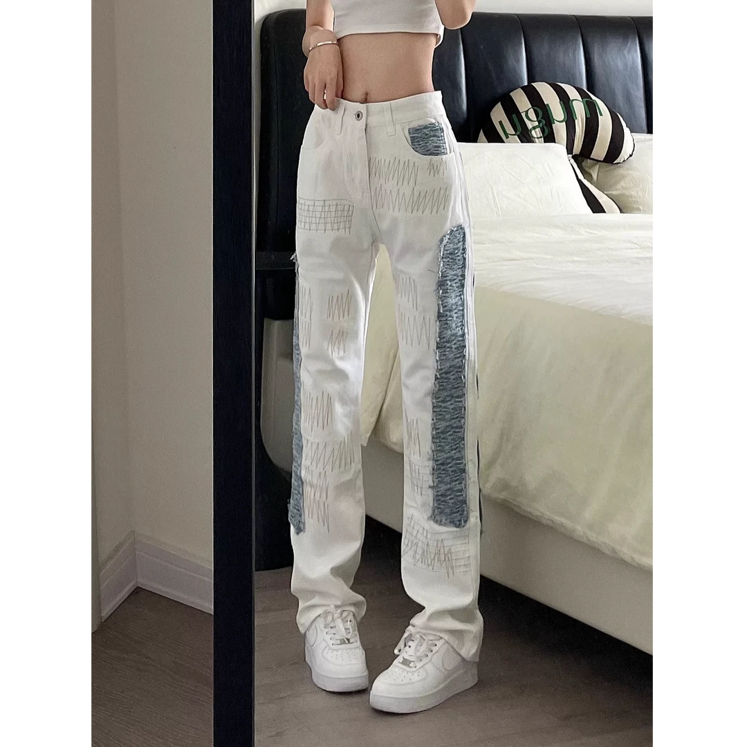 【D3039】美式高街刺绣休闲牛仔裤男女款小众设计感百搭宽松直筒裤