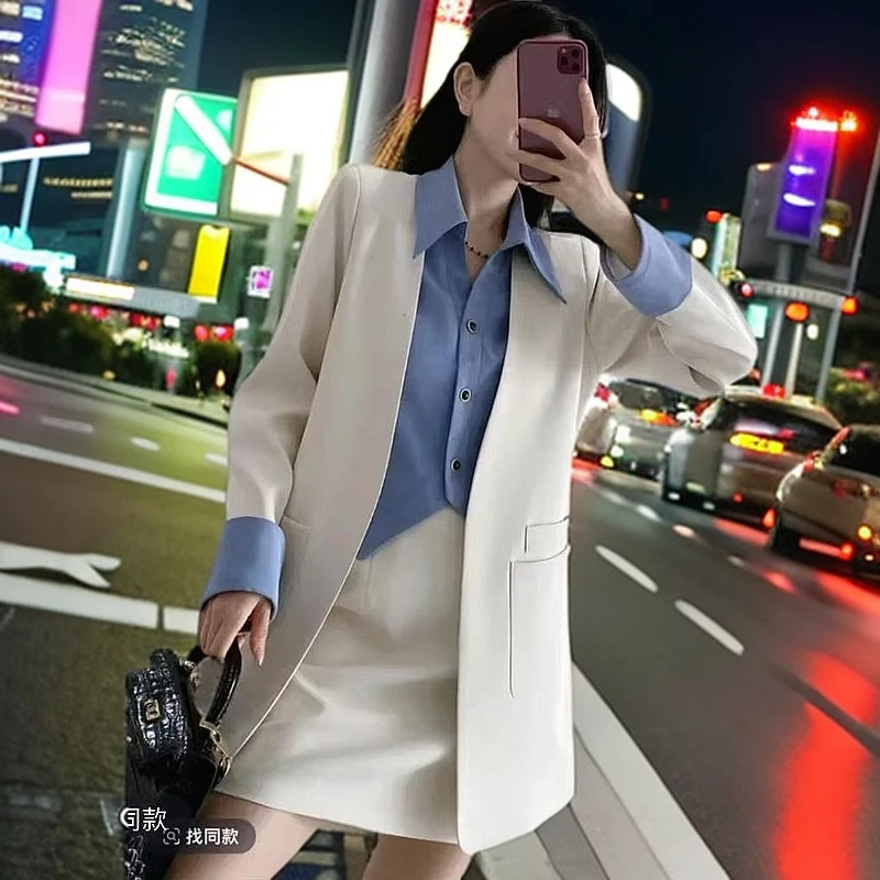 (班)881120春季新款真两件拼接西装外套 后松紧半身裙三件套