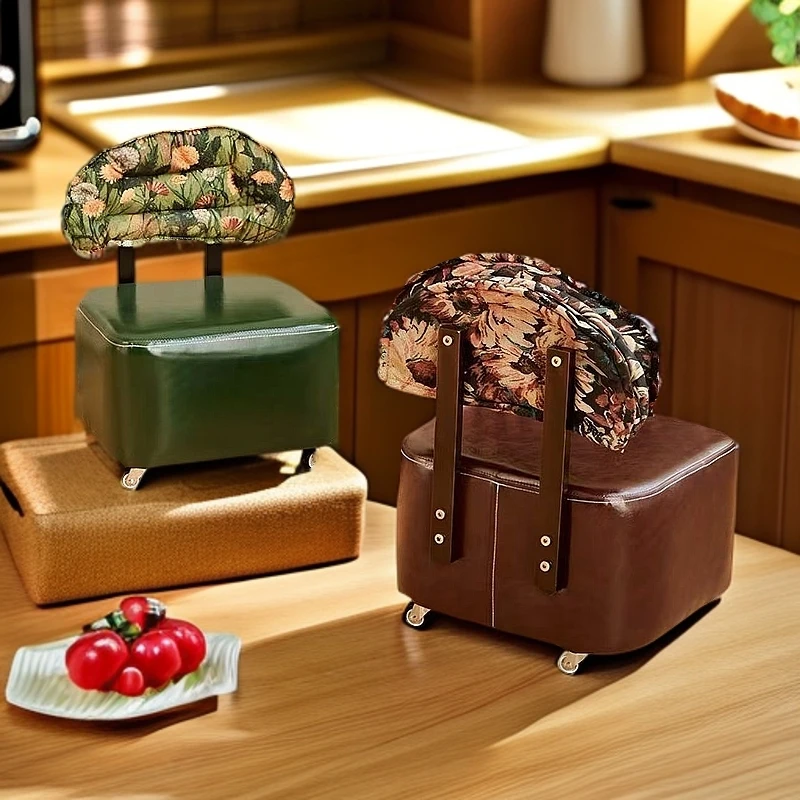 网红沙发凳换鞋凳溜溜凳复古滑轮带娃神器逍遥提花实木旋转椅子凳