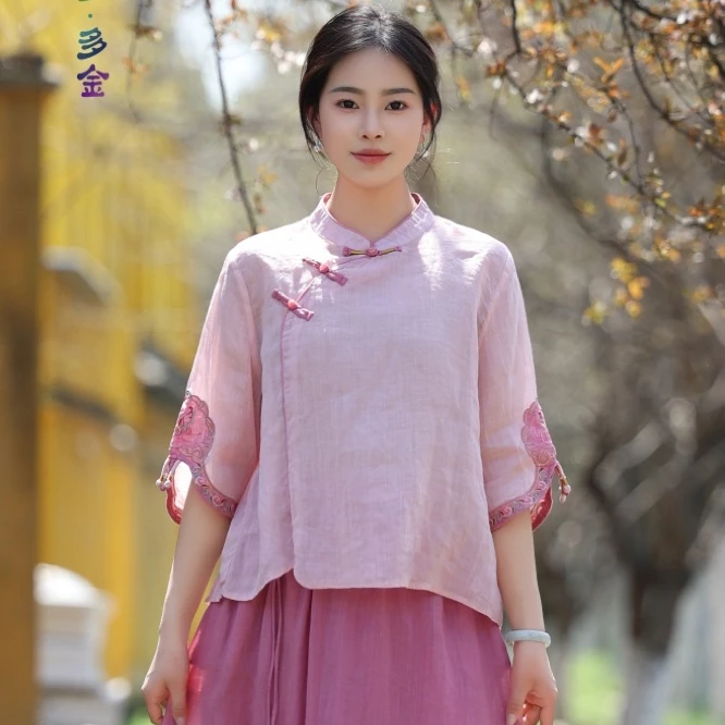 炫织梦刺绣中式国风夏季立领斜襟衬衫古风文艺春夏绣花中式茶服