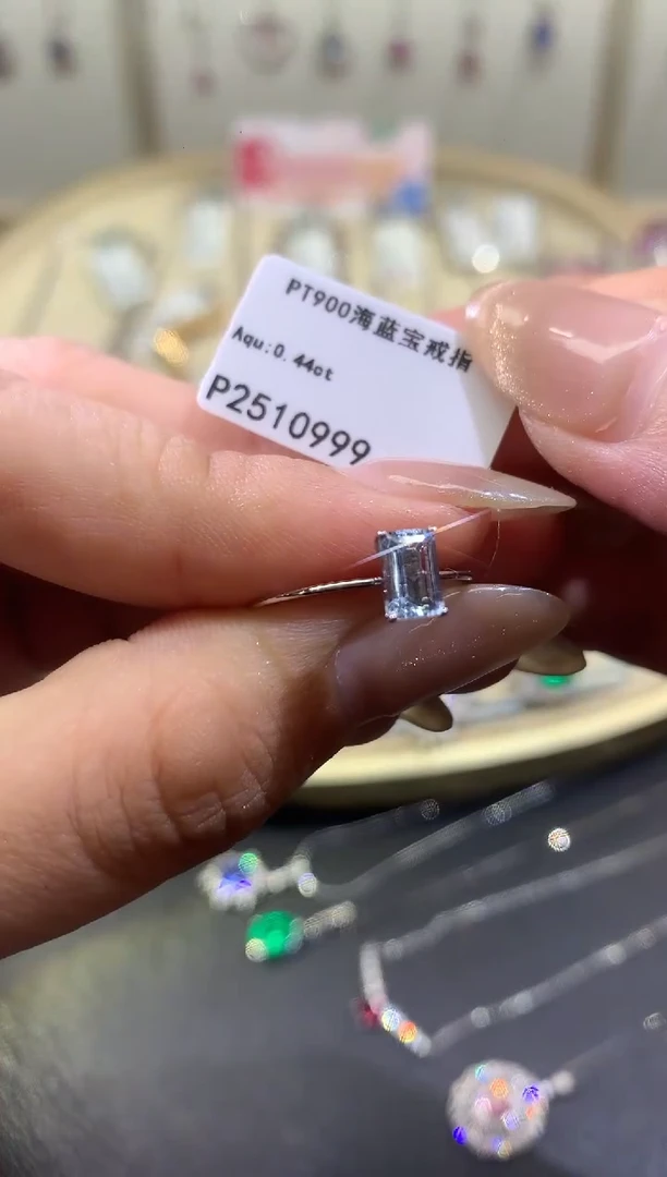 铂Pt850镶嵌戒指定制海蓝宝石E636|780